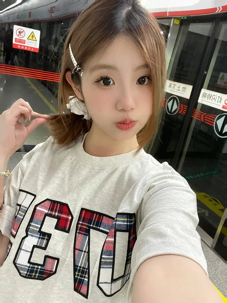 레트로 아메리칸 자수 코튼 티셔츠 여성 여름 신상 루즈핏 순면 라운드넥 탑