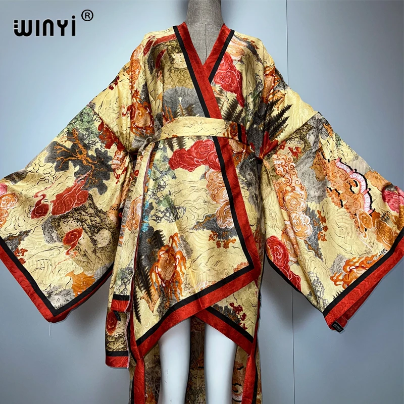 WINYI Summer Beach Wear Cover Up Lady Irregular cardigan printing elegant Silky and skin-friendly sexy Holiday Kimono maxi dress