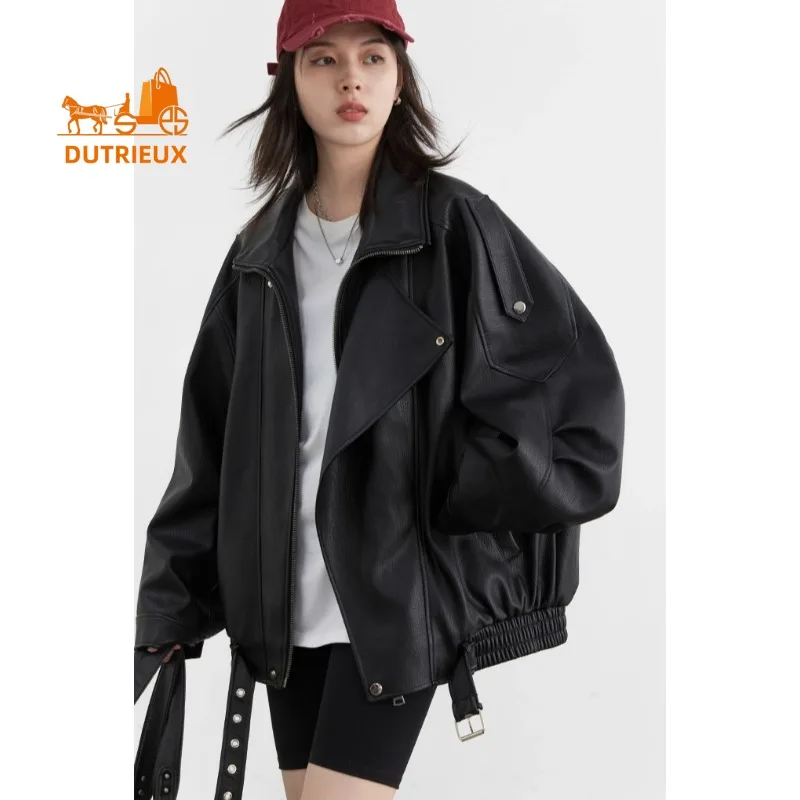 Winter dames zware neutrale opstaande kraag motorfiets leren jas, 100% echte schapenvacht klassieke waardige leren jas