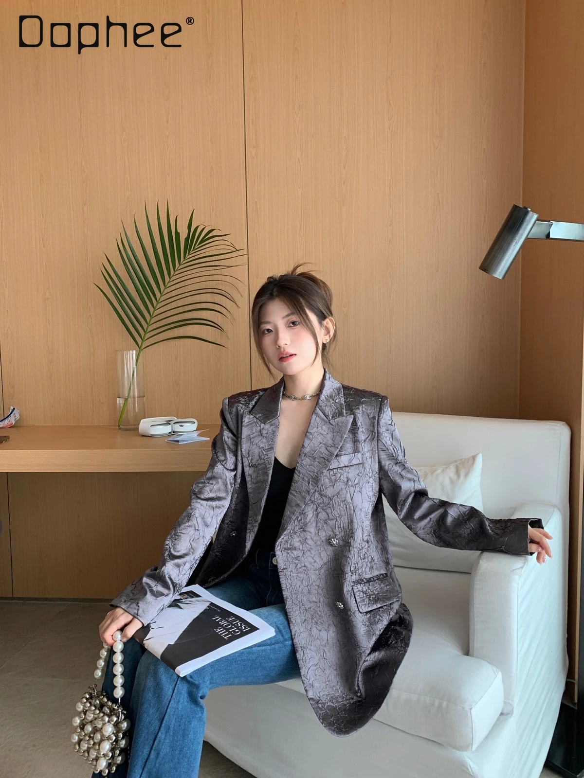 Versatile Gray Pleated Retro Heavy Industry Jacquard Blazer Women Autumn New High-end Loose Casual Suit Office Lady Fashion Top