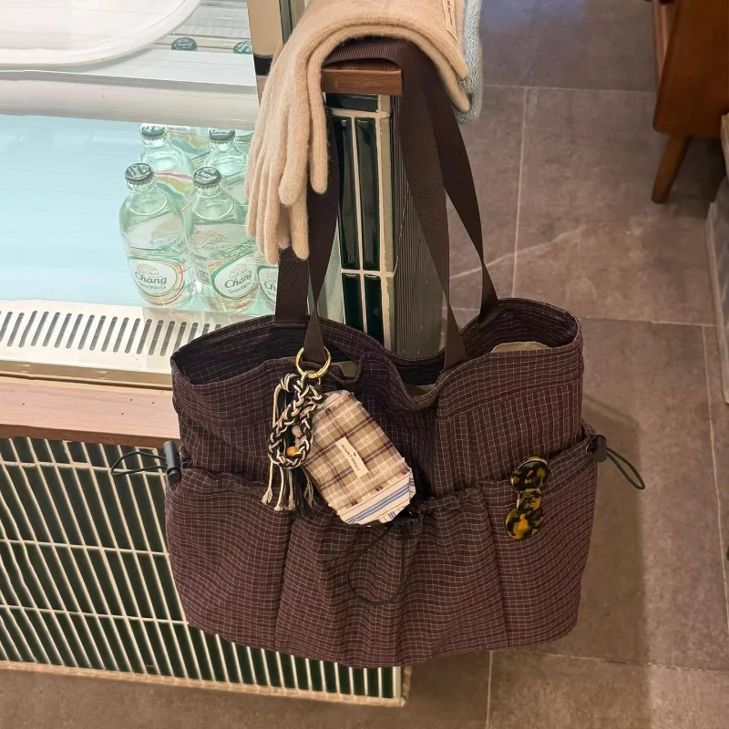 

Корейская клетчатая сумка-тоут на шнурке, мягкая ткань, повседневная сумка на плечо, большая вместительная дизайнерская сумка с рюшами, женская простая сумка для покупок