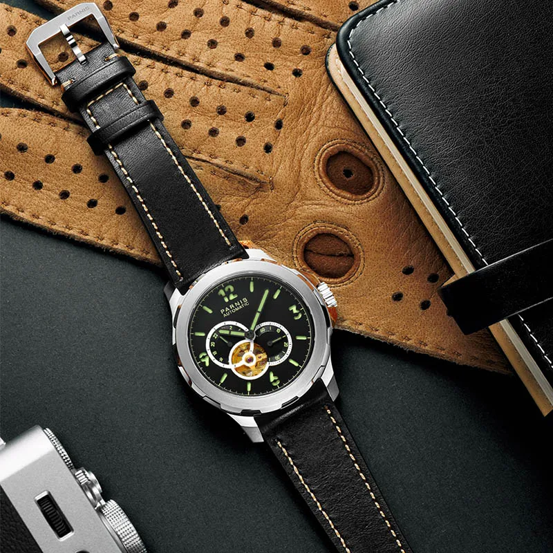 Fashion Parnis 44mm Tourbillon Dial Mechanical Automatic Men Watch Green Numbers Leather Strap Sports Watches Gift reloj hombre