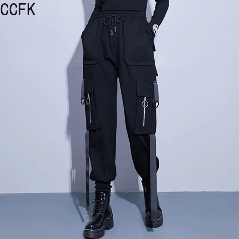 กางเกงเทคแวร์ผ้าฝ้ายสำหรับผู้หญิง กางเกงฮิปฮอปสไตล์ไซเบอร์พังก์ กางเกงคาร์โก้ลำลองสำหรับฤดูใบไม้ผลิและฤดูใบไม้ร่วง กางเกงริบบิ้นทรงสลิม กางเกงจ็อกกิ้งสไตล์อีโม