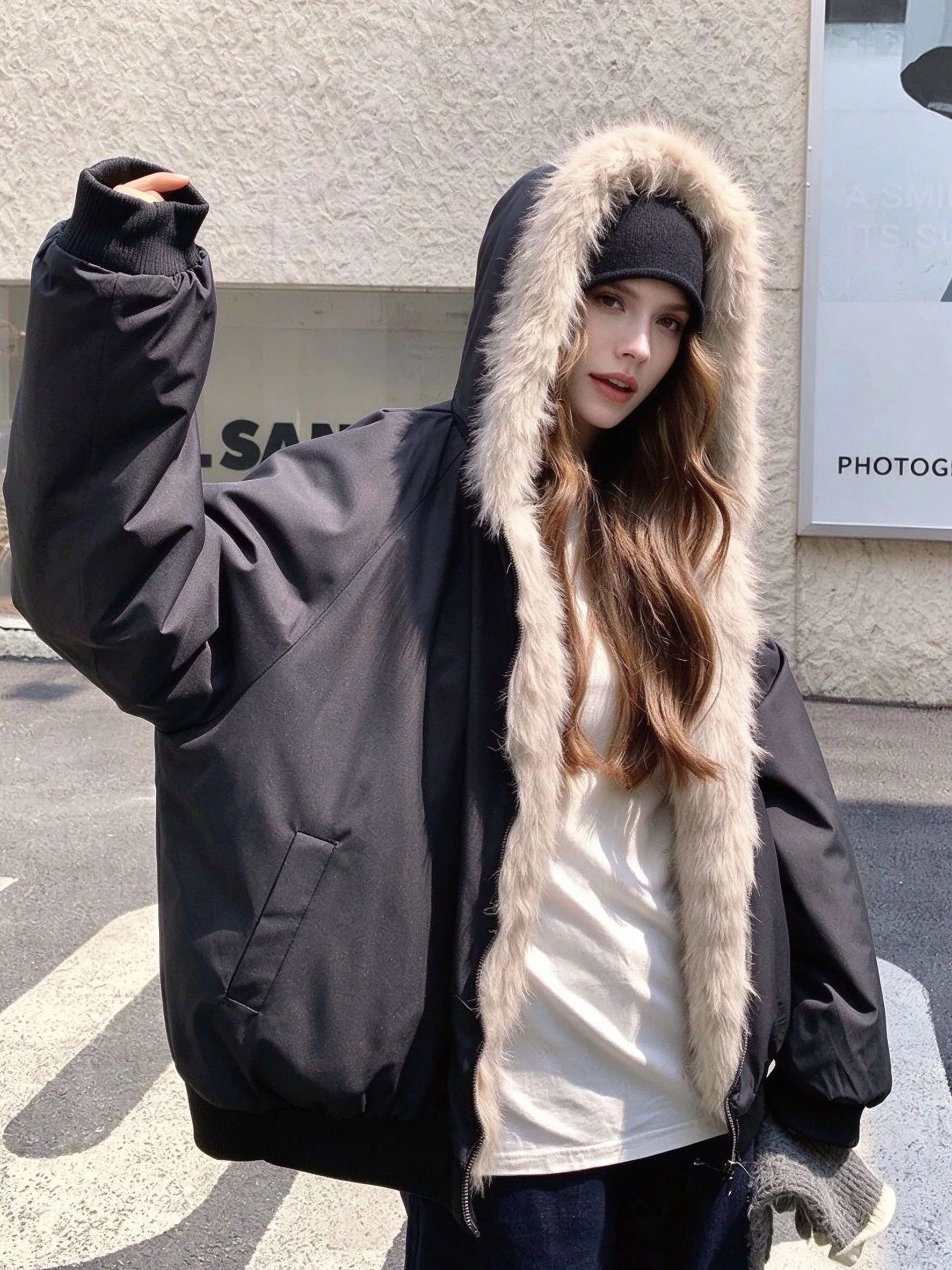 Double Sided Cotton Padded Coat Women Y2K Winter Warm Imitation Mink Fur Hooded Plush Loose Oversized Short Jacket Khaki