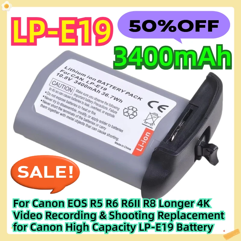 

For Canon EOS R5 R6 R6II R8 Longer 4K Video Recording & Shooting Replacement for Canon High Capacity 3400mAh LP-E19 Battery