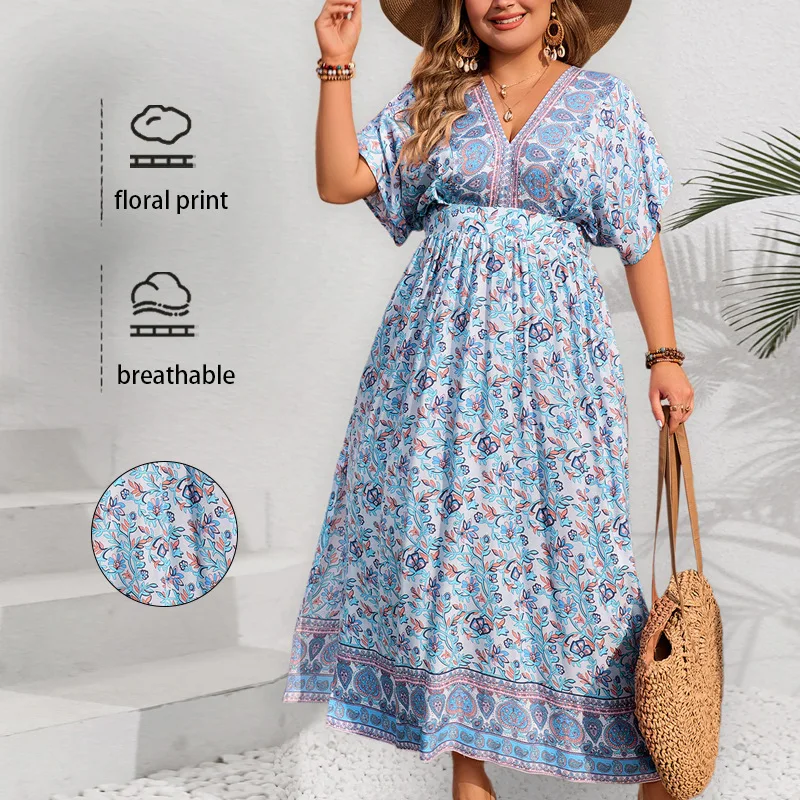

Loose Plus Size Dress, New Printed Short Sleeved V-neck Long Dress Casuales Satin 2025 Summer Dress Robe Vestido Women Party
