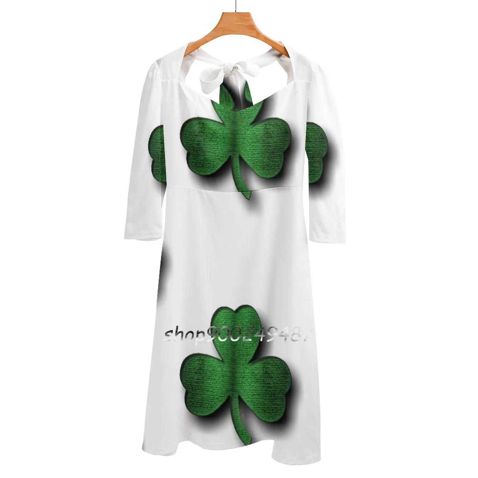 Shamrock-3D Cut Square Neck Dress Sweet Summer Dress Women Elegant Halter Print Dress Clover Four 4 Leaf Irish Ireland Patricks