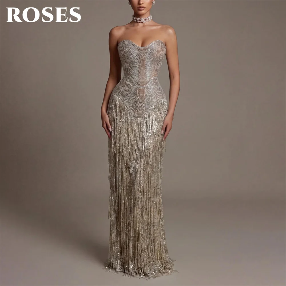 ROSES Champagne Party Dress Sweetheart Sleeveless فساتين السهرة Trumpet Night Dress Sequin and Tassel Celebrity Dress Customized
