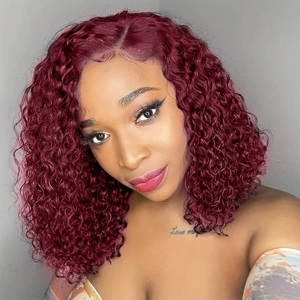 Perruque Bob Lace Wig Naturelle Bouclée, Cheveux Courts, Rouge Bordeaux, 99J, 13x4, Pre-Plucked, Densité 180, pour Femme