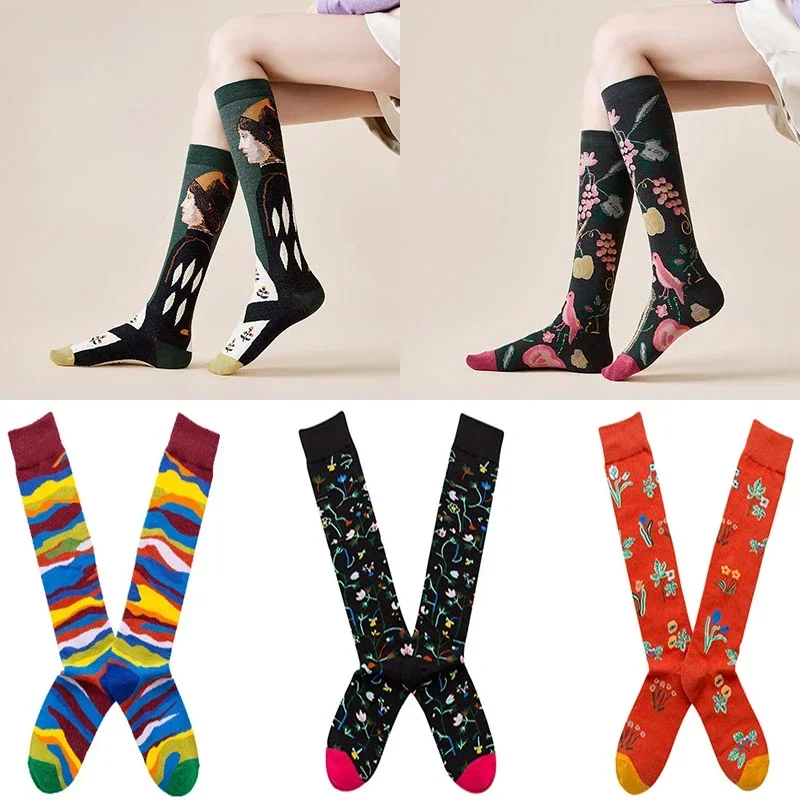 Medium and high tube calf and knee socks French ins style retro illustration literary abstract street fashion cotton socks