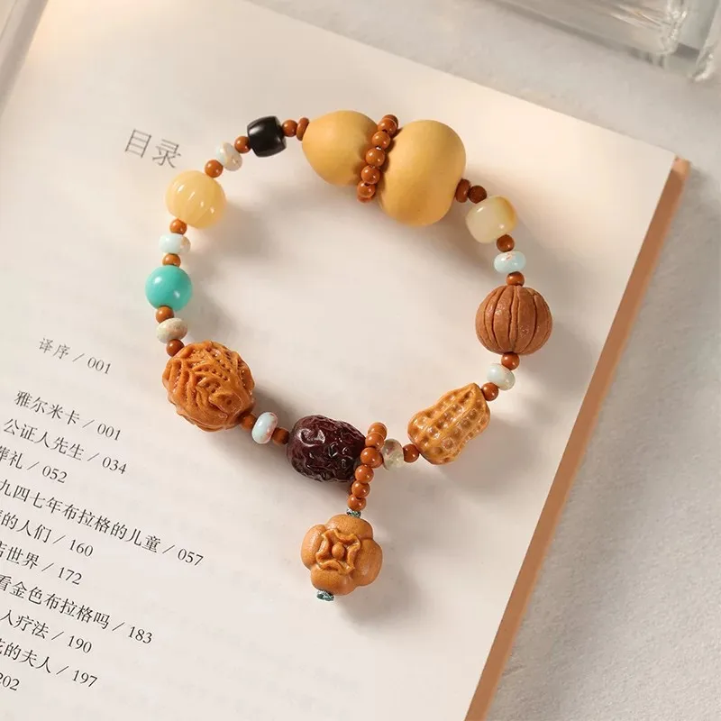 New Chinese Style Sandalwood Lucky Charm Bracelet with Gourd & Fortune Sign Multi Gem Beaded Bracelet for Women Gifts