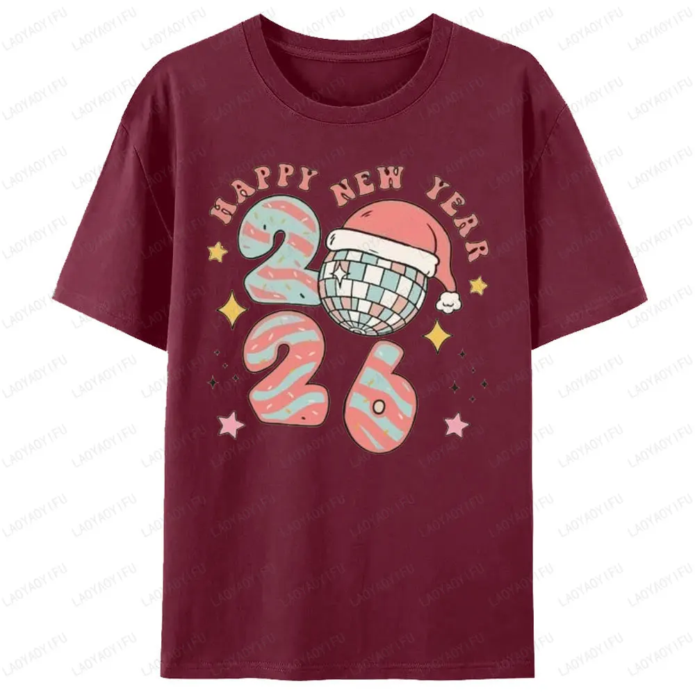 Happy New Year 2026 Disco Ball Christmas Graphic T Shirts for Women Men Clothing Hoppy Xmas Vacation Party Gift Short-sleev Tops