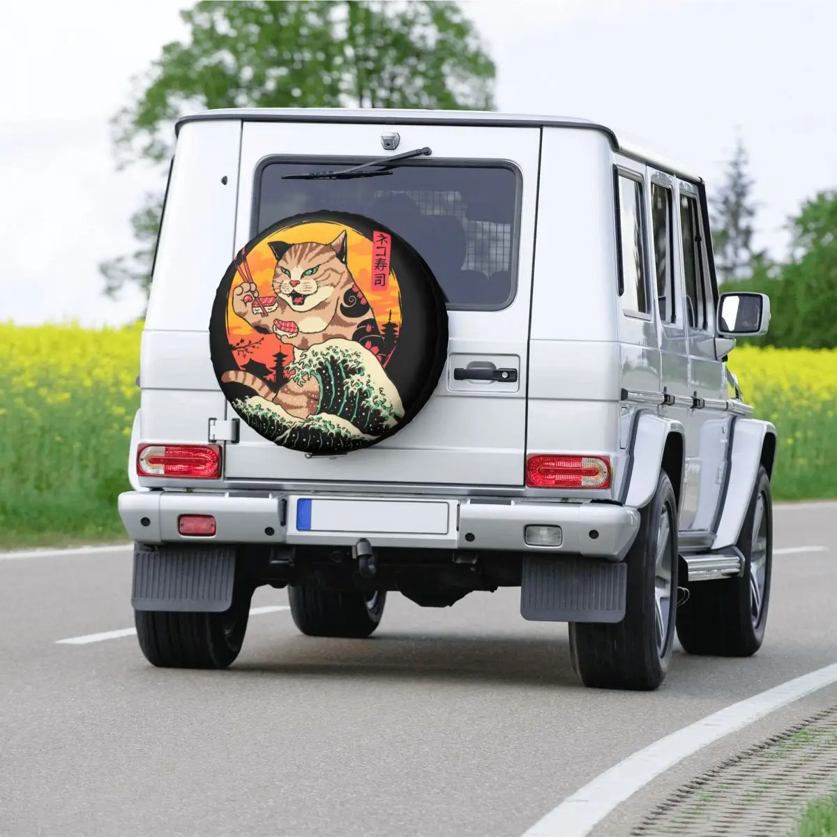 Neko Sushi Wave Spare Tire Cover for Prado Wrangler Jeep RV SUV Trailer Japan Retrowave Feline Cat Car Wheel Protector Covers