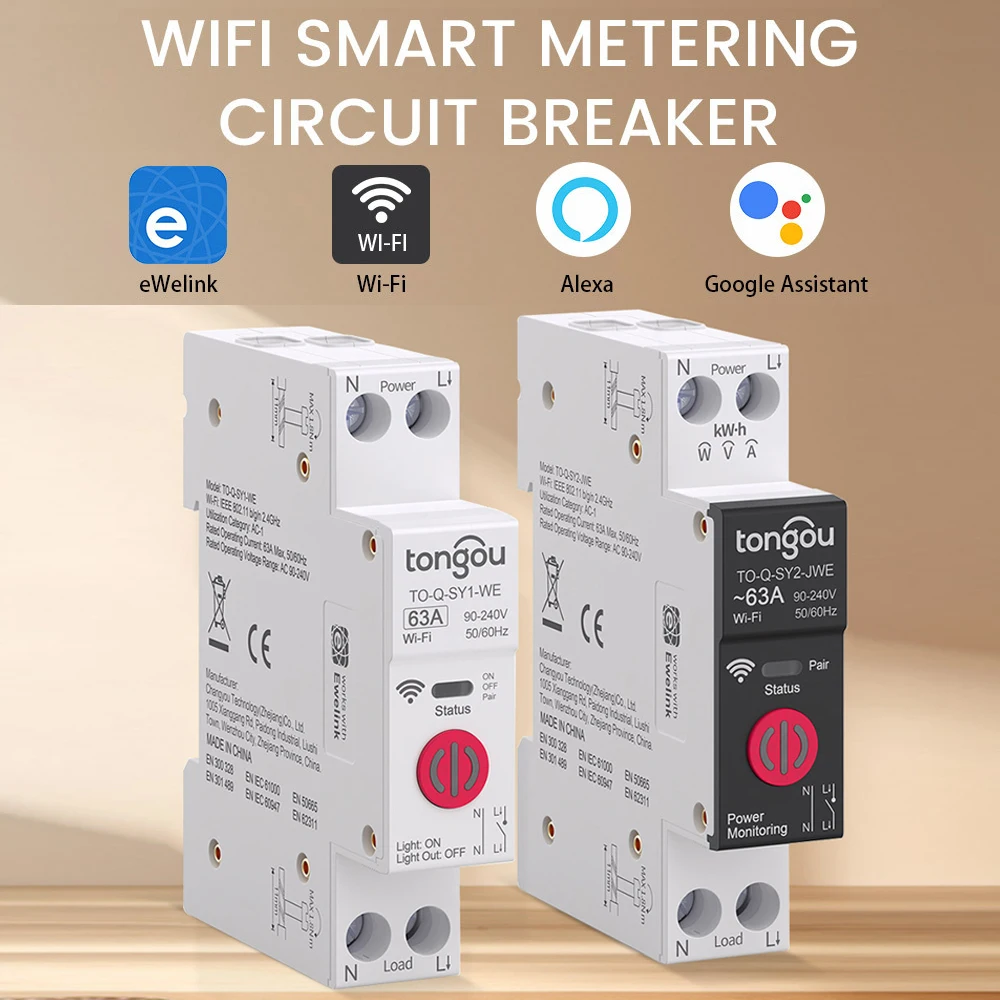 EWeLink WiFi Smart Circuit Breaker 10A/16A/20A/25A/32A/40A/50A/63A 1-63A No Metering/Metering Energy Meter Timer Relay Switch