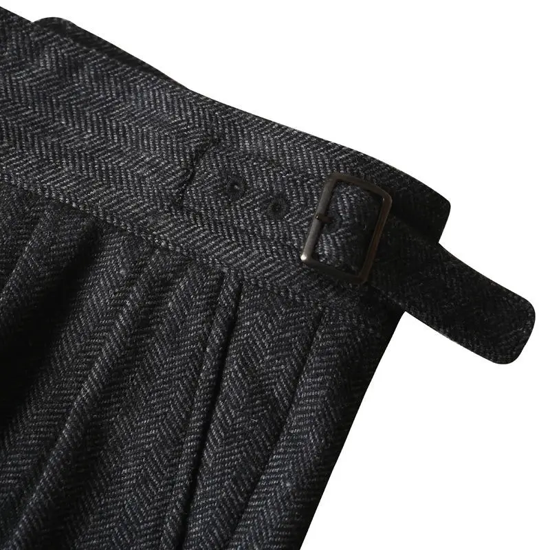 Men Trousers Black Herringbone Wool Tweed Pants for Men Dark Gray Gentleman Trousers for Wedding Vintage Groomsmen Pants 2022