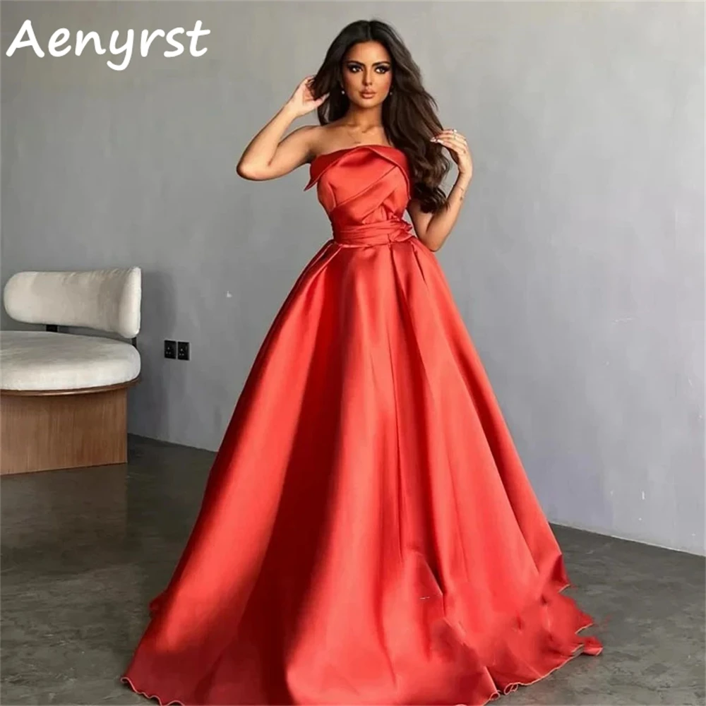 Aenyrst-Vestidos de cetim sem alças, Arábia Saudita Prom Vestidos, A Line, até o chão, Vestido Ocasião Formal, Longo, Vermelho