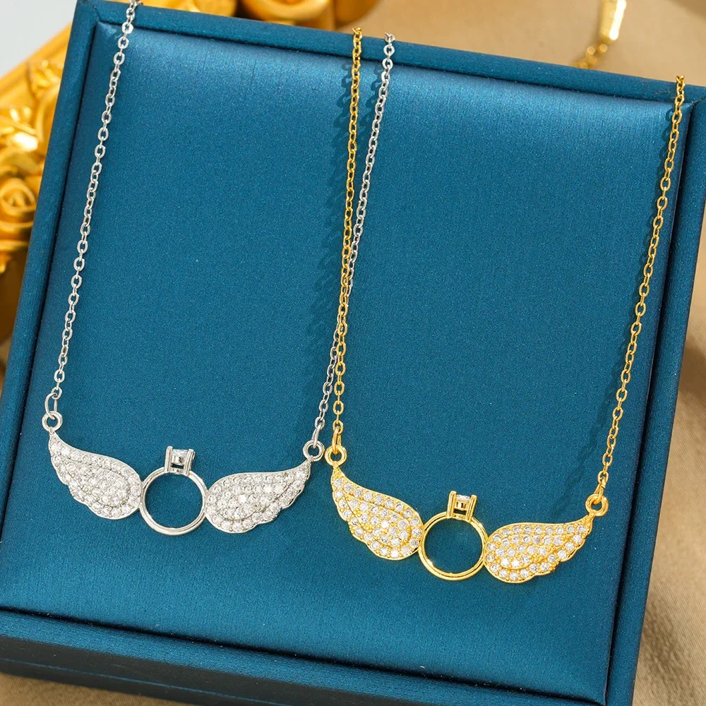 Новое колье из титановой стали с инкрустацией бриллиантами и крыльями ангела 2025 года — аксессуар для женских цепочек на ключицу.