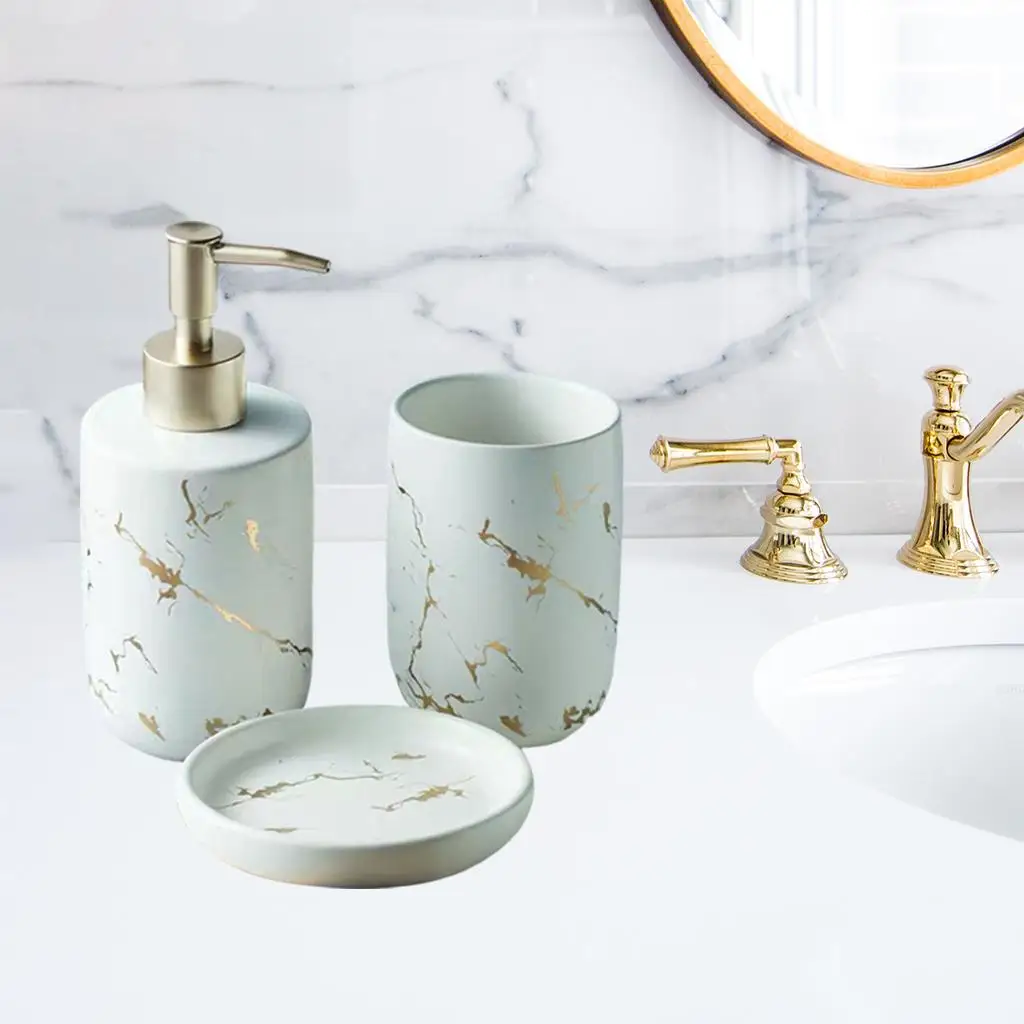 Bathroom Counter Accessories Set CERAMIC Marble Pattern Lotion Dispenser Soap Dish, Durable Construction