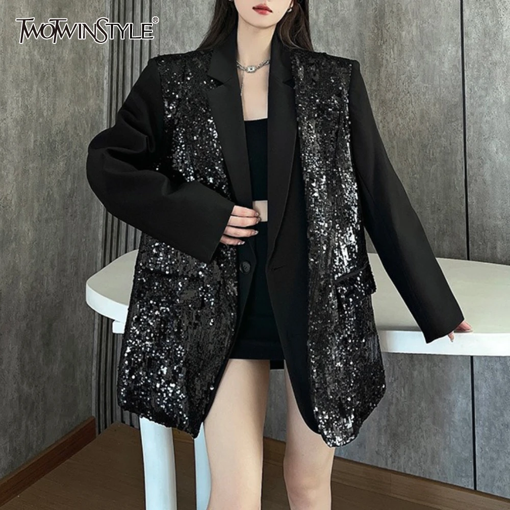

TWOTWINSTYLE, черная темпераментная куртка с блестками, женские свободные элитные женские куртки с лацканами и длинными рукавами, осенняя мода, новинка