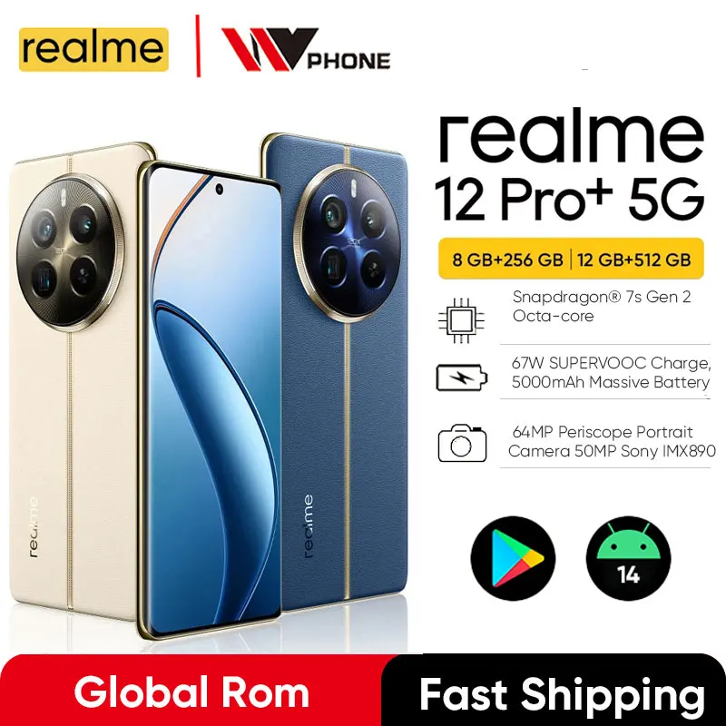 글로벌 롬 Realme 12 Pro Plus, 스냅드래곤 7s Gen 2 64MP, 소니 IMX890 OIS, 6.7 인치 AMOLED, 67W SuperVOOC 스마트폰 Realme 12 Pro + 