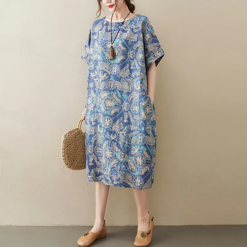 Stampa floreale in cotone e lino Batwing Sve round Ne Midi Dr plus Size Donna Comoda vestibilità ampia Estate Dr