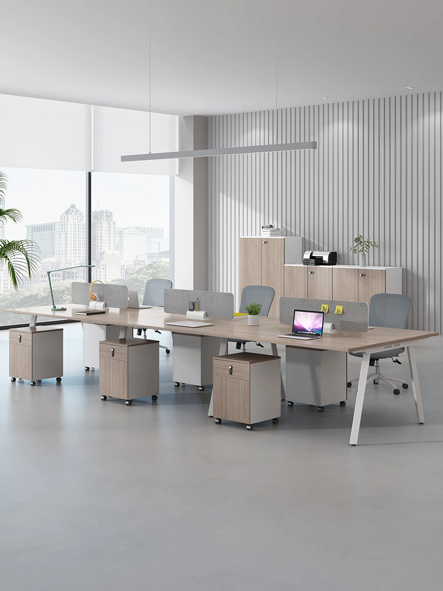 The combination of office desks and chairs for employees is simple and modern, with 4/6 seats for multiple employees and 2