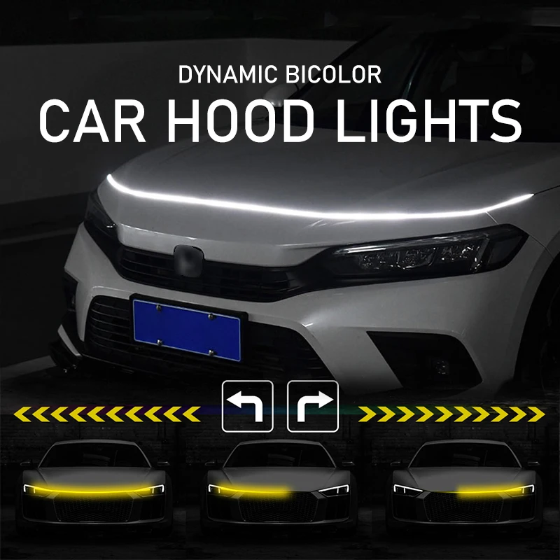 New Car Hood Light With Turn Signal Daytime Running Light Strip Multimode Super Bright Neon Decorative Ambient Engine Lamp 12V