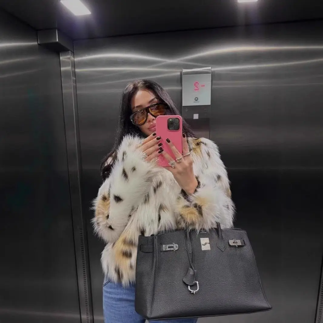 خريف شتاء الفراء ort Jaet معطف المرأة ليوبارد طباعة الفراء ملابس خارجية صديقة للبيئة Faionable الوقوف طوق طويل Sve #2