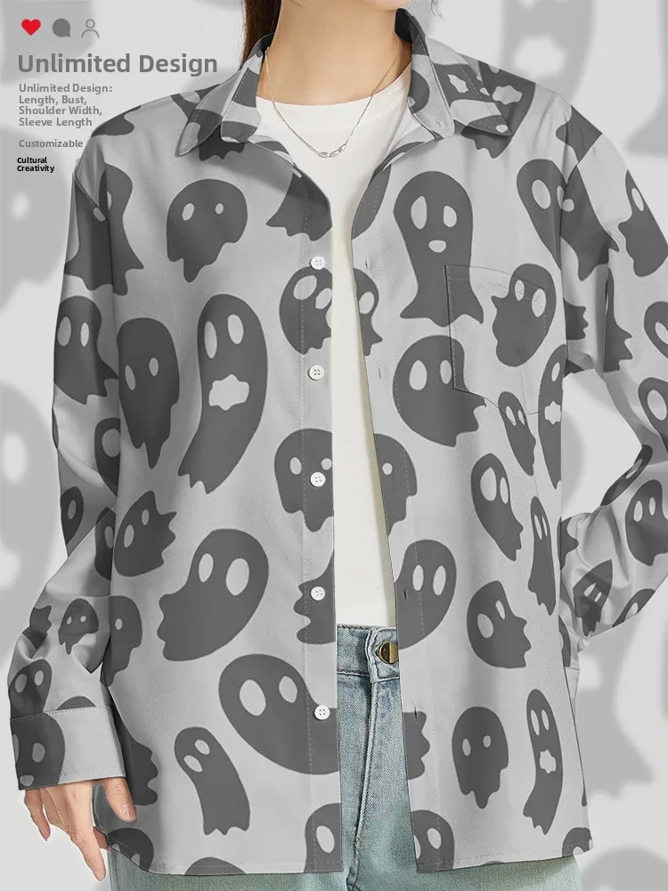 قميص رجالي بأكمام طويلة بنمط شبح كرتوني للهالوين، زي شبح لطيف، قميص كاجوال مستقيم الساق مطبوع من مزيج البوليستر
