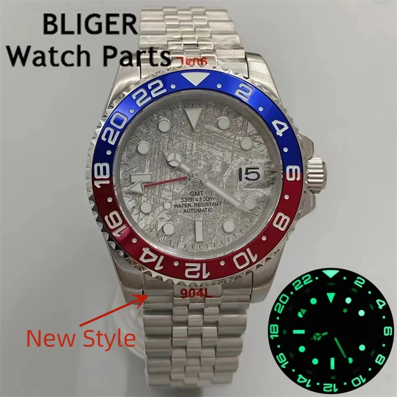 BLIGER 40mm NH34 Gray Meteorite Watches GMT For Men Blue Red Bezel With Green Luminous Sappire Glass Oyster/Jubilee Bracelet Dat