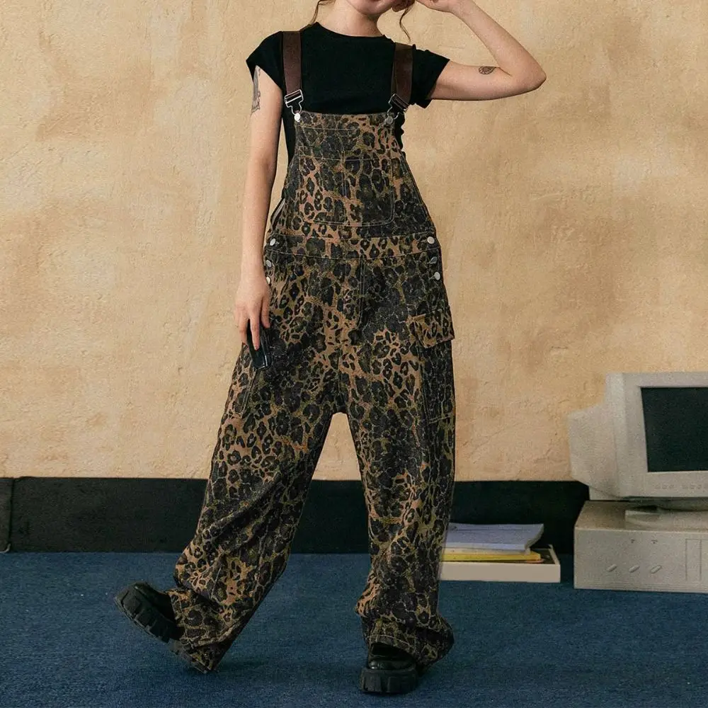 Moda baggy leopardo impressão macacão perna larga cintura alta macacão feminino y2k retro perna reta leopardo impressão calças senhora