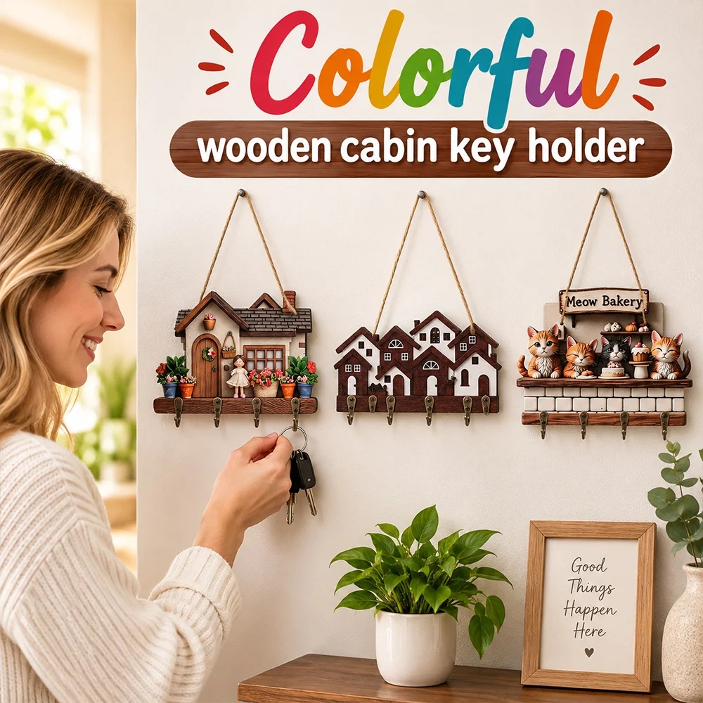 Gifts Wood Wooden Key Holder Colorful 2D Flat Wall Key Rack Wall Mounted House Shape Decorative Key Hanger Entryway Organizer