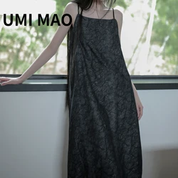 UMI MAO Chinese Style Yamamoto Dark Black Ink Light Homemade Flat Collar Minimalist Suspender One-step Long Dress Elegant Y2K