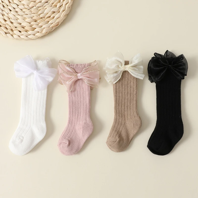 4 Pairs a Lot MILANCEL New Autumn Baby Girls Socks 0-2Y Infant Bow Solid Color Mid-tube Socks Baby Accessories