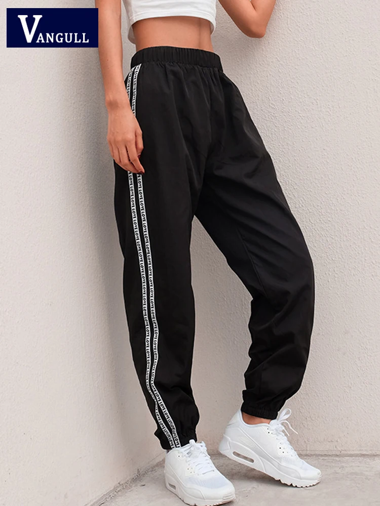 

Vangull Casual Side Stripe Letter Black Sweatpants Women Spring Stretch High Waist Trousers Streetwear Cargo Jogger Harem Pants