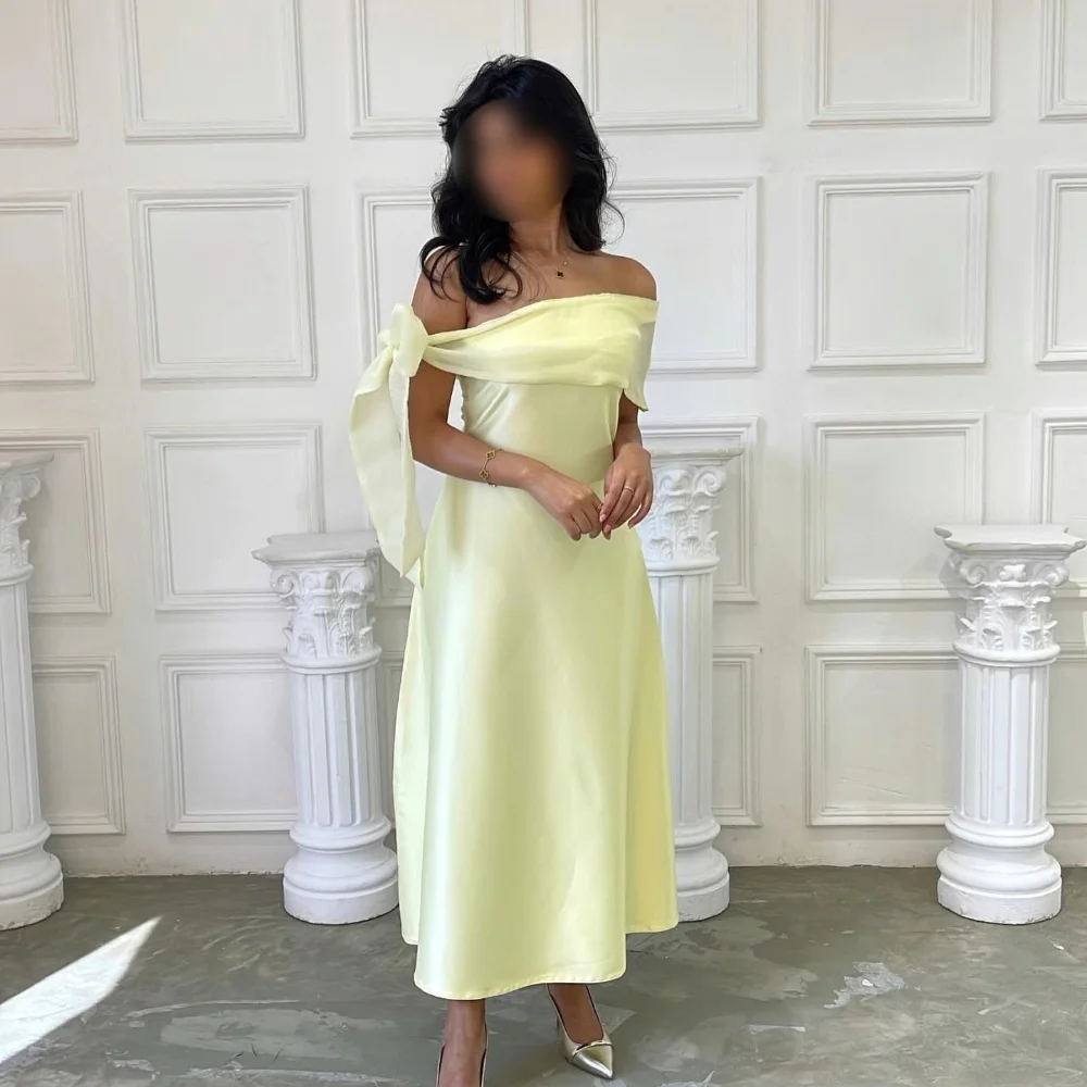 Exquisite Satin Bow A-line Off-the-shoulder Midi Dresses Prom Dresses Classic Modern Style Unisex Fashion High Quality