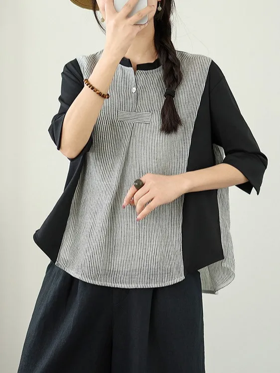 Ele Loose Cotton Linen irt Women's Faionable Vertical Stripes Patchwork Summer Age-Defng Color Blo Charming Top
