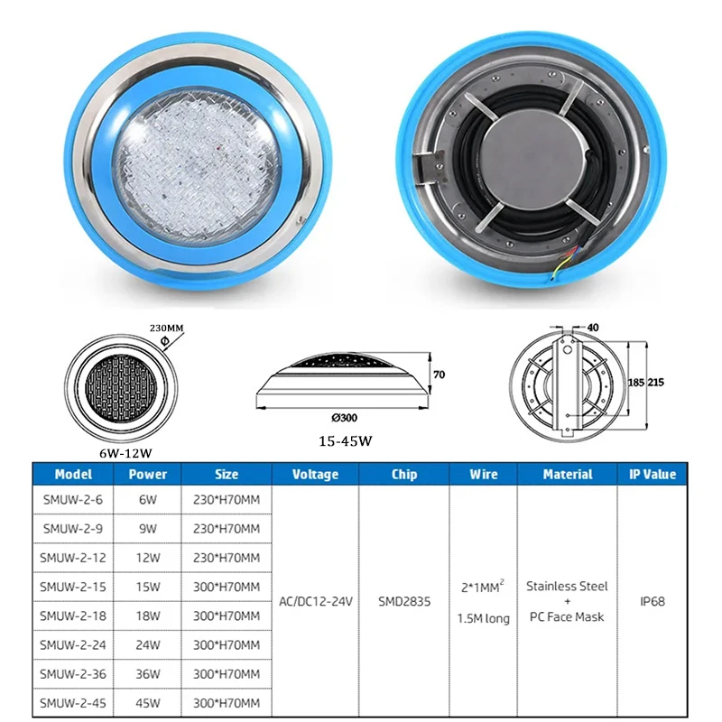 Lampu LED RGB kolam renang, lampu sorot LED 6W 9W 18W 36W 45W IP68 tahan air AC/DC12V luar ruangan lampu bawah air kolam LED Piscina Luz