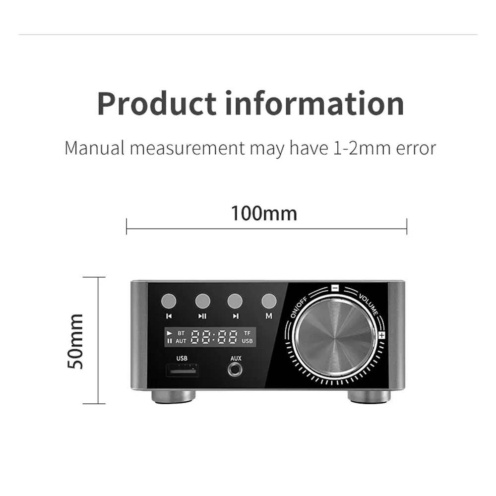 Amplificador HiFi Bluetooth Classe D, Mini Estéreo, TPA3116, Estéreo Digital para Casa, Car Marine, USB, AUX, Cartão TF, TPA3116, 50W + 50W