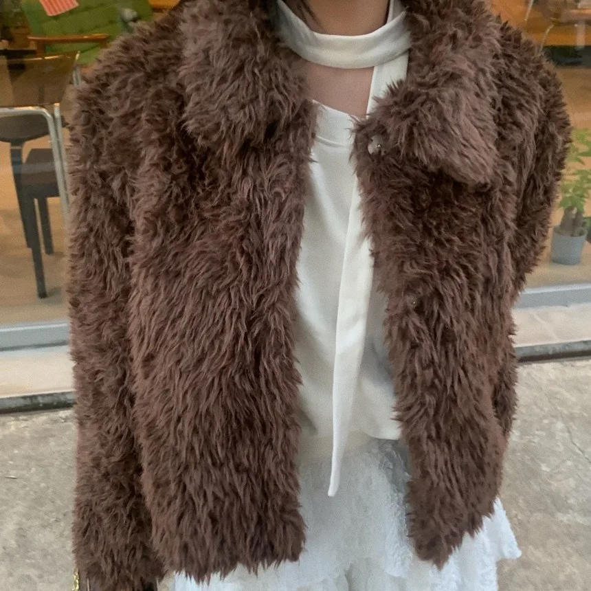 

Шикарное осенне-зимнее пальто из ягненка с пушистым повседневным воротником, универсальное милое женское пальто, теплое хлопковое длинное пальто прямого кроя