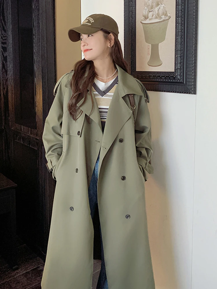 LANMREM Casual Trench Coat For Women Solid Color Lapel Double Breasted Loose Fashion Long Windbreaker 2024 Spring New 2R6015