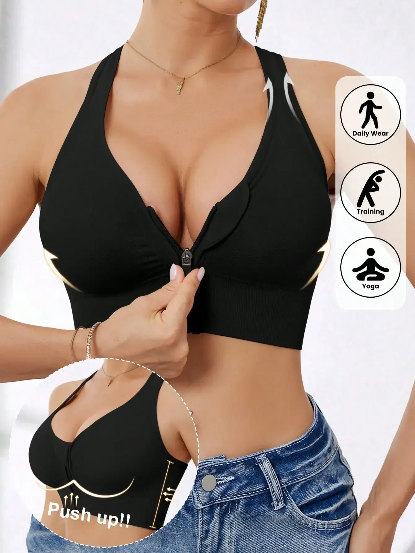 

Women's High Intensity Front Zip Seamless Wireless Sports Bra, Suitable For Spring, Summer, Autumn And Winter
