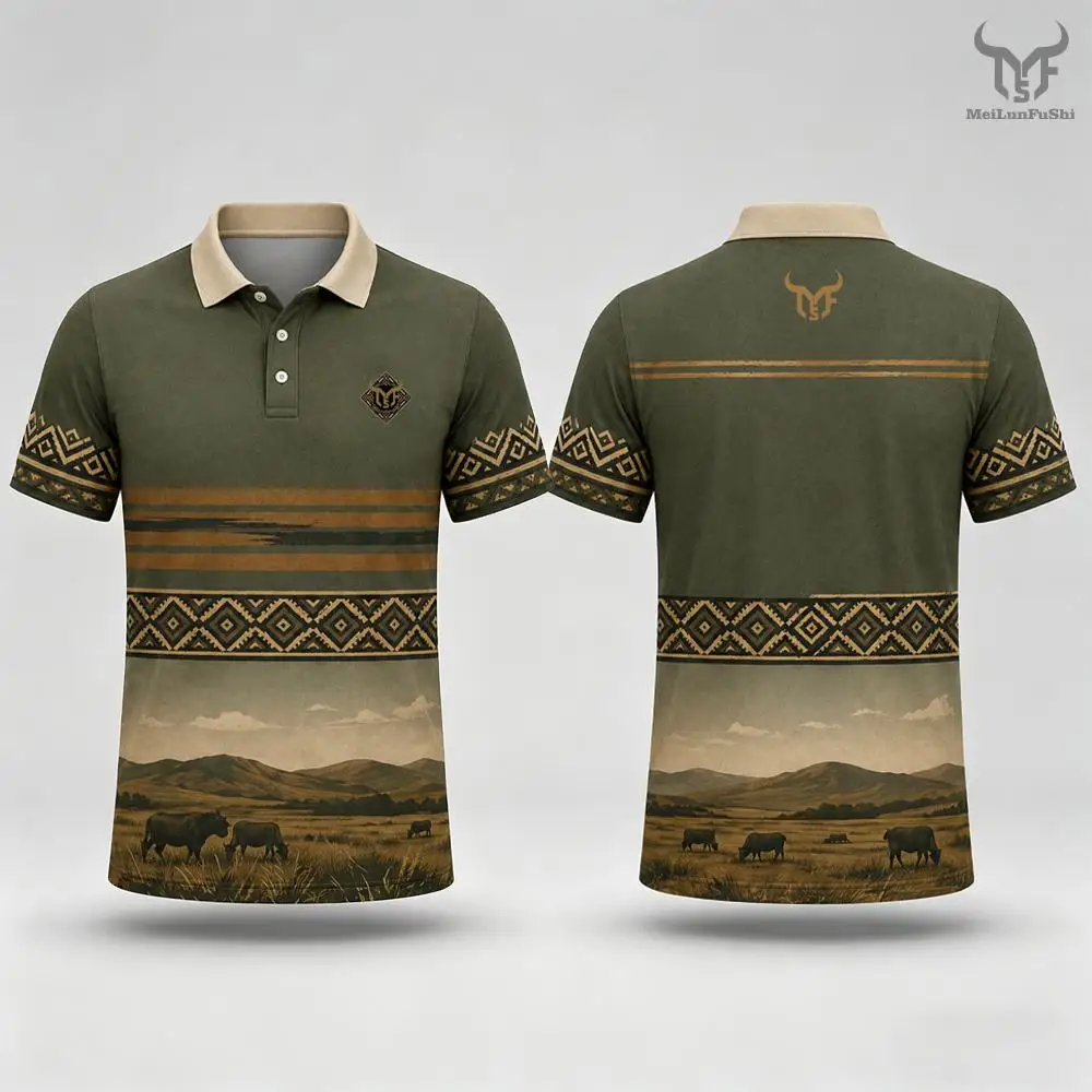

New Vintage Uruguayan Gaucho-style Print Polo Shirt Summer Outdoor Casual Breathable Men's Tops Grassland Pattern Lapel Clothes