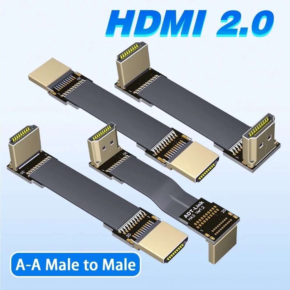 ADT Elbow HDMI-Compatible 2.0 Type A Male To Male Flat Extension Cable Angled 4K 60Hz HD for FPV Aerial Photography Gopro Camera