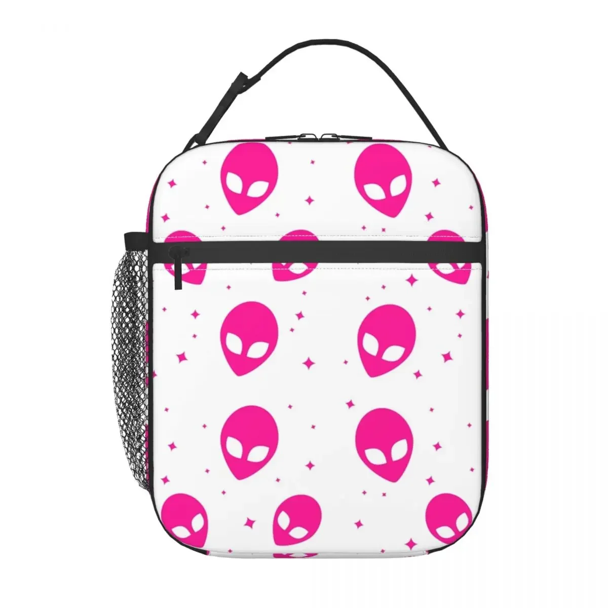 Pink And White Alien Pattern Portable Lunch Box Waterproof Sci Fi UFO Space Thermal Cooler Food Insulated Lunch Bag Office Work