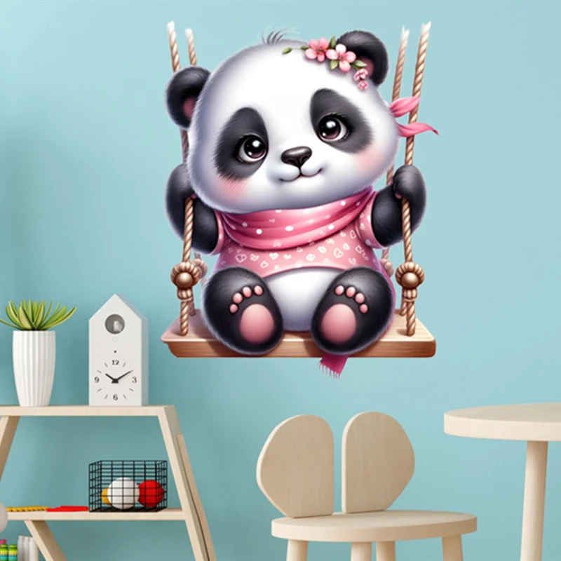 Cute Pink Baby Panda Plays Swing 3D Vinyl Mural Stickers Home Decoration for Kids Room Self Adhesive Wallpaper on the Door Wall