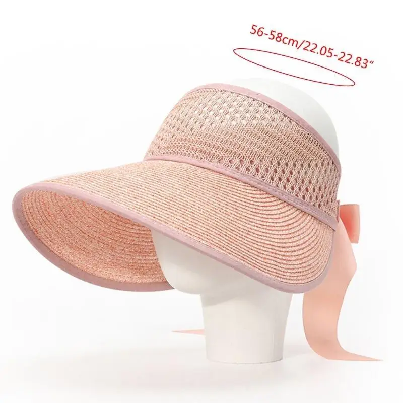 قبعة R1WE النسائية من الدانتيل ذات عقدة زهور وشريط قابل للطي من القش تحمي طفلك