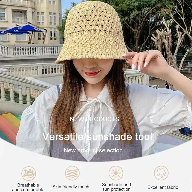 Bucket Hat Spring Summer Hollow Knitted Hat Solid Color Sunhat Fisherman Caps Casual Foldable Beach Cap