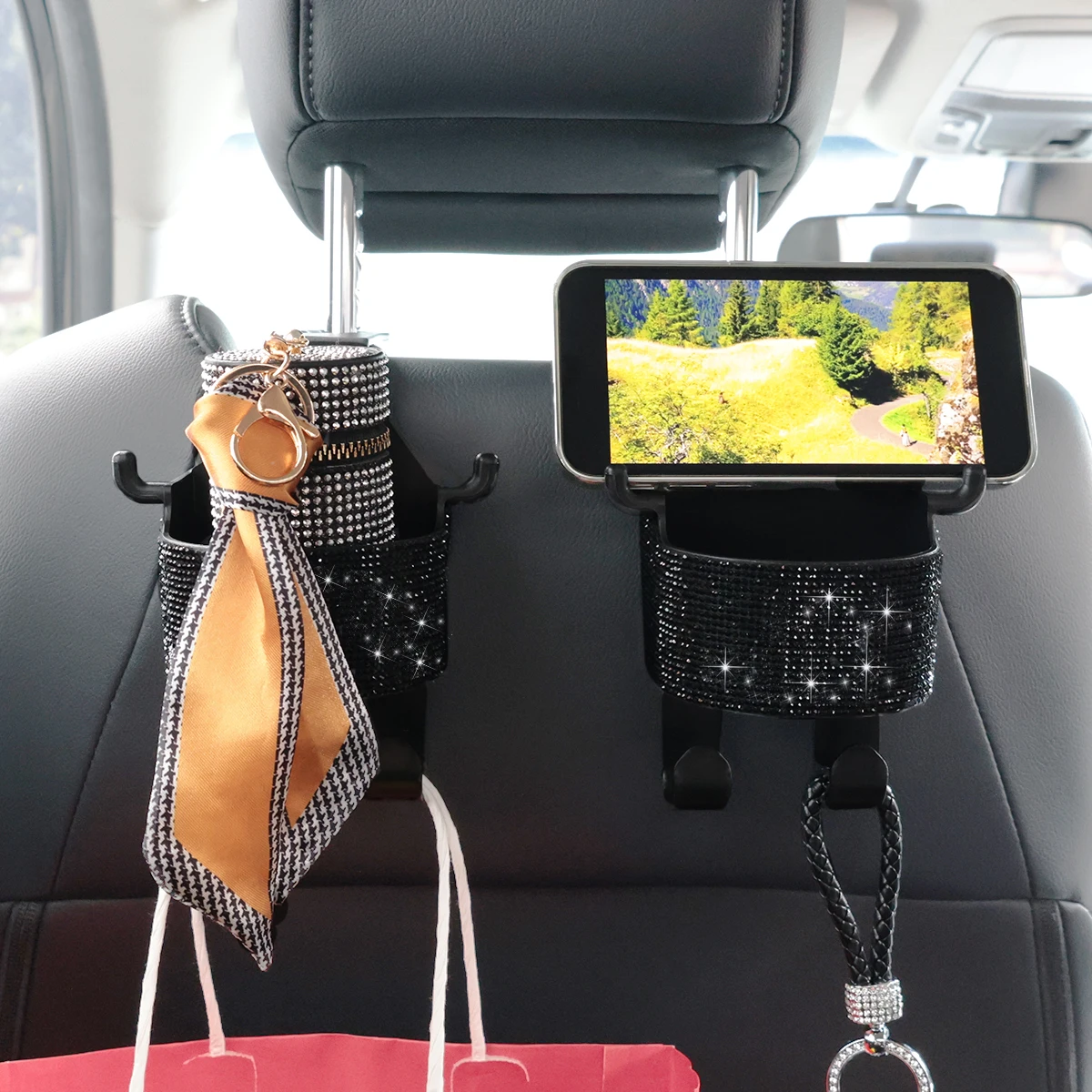 1pc New Rhinestone Multi-functional Car Seat Organiser with Cup Holder 2-in-1 Car Hooks with Easy Installation Hooks - Durable o