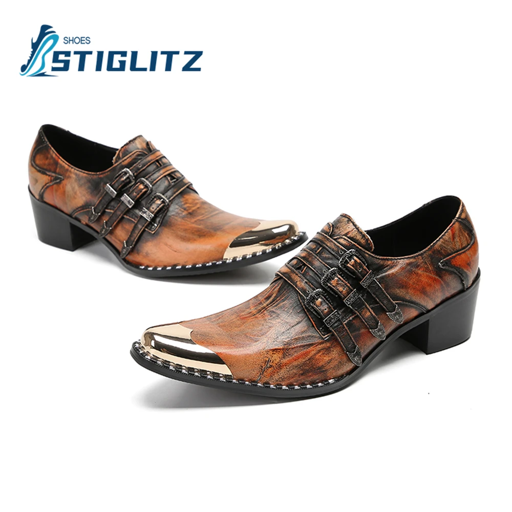 Brown Red Three Belt Buckles Vintage Loafers Metal Point Toe Square Heel Genuine Leather Shoes Men\'s Luxury Chelsea Casual Shoes